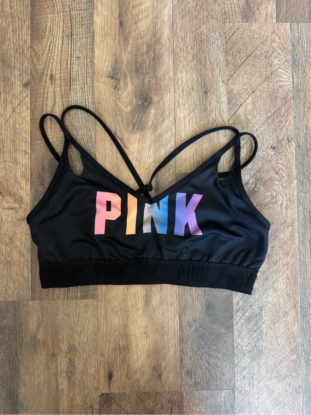 Victoria’s Secret PINK Active Sports Bra Size Medium Black Rainbow Logo Strappy